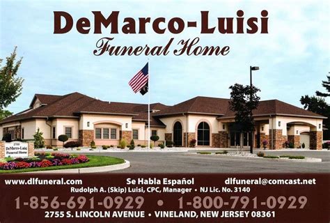 Demarco luisi funeral home vineland - Relatives and friends will be received on Friday, September 8, 2023, from 9:00am until 10:00am at DeMarco-Luisi Funeral Home, 2755 S. Lincoln Avenue, Vineland. A funeral service will follow at 10 ...
